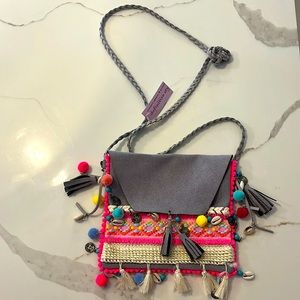 NWT Definitive Sky 8”x 8”suede grey pink Pom pom/shell/coin square crossbody